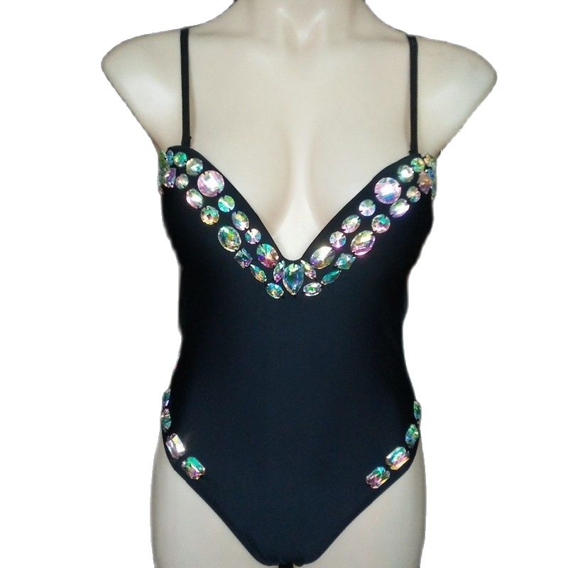Luxury Diamond One Piece Swimsuit Low Cut Sexy Rhinestone Women Swimwear Straps Deep V-neck Crystal Bathing Suit
