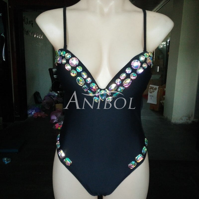 Luxury Diamond One Piece Swimsuit Low Cut Sexy Rhinestone Women Swimwear Straps Deep V-neck Crystal Bathing Suit Black