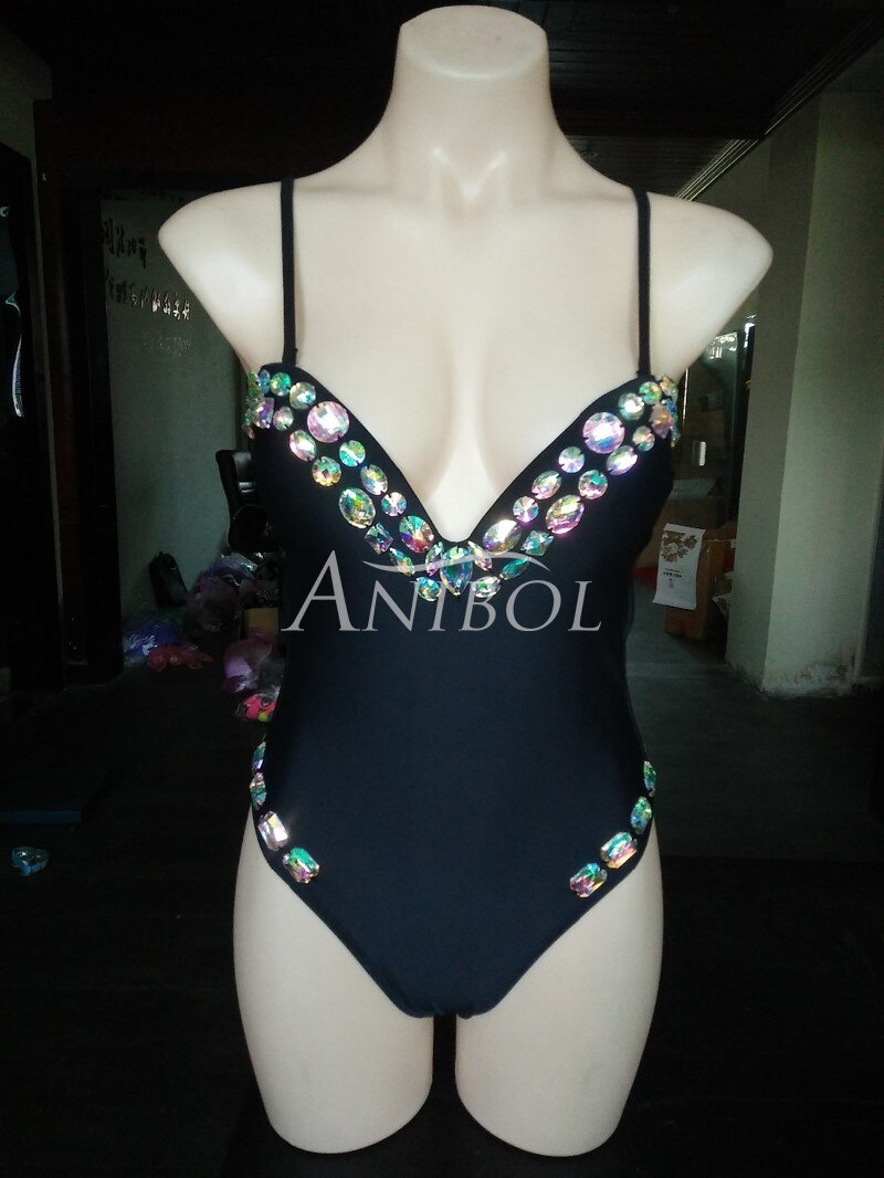 Luxury Diamond One Piece Swimsuit Low Cut Sexy Rhinestone Women Swimwear Straps Deep V-neck Crystal Bathing Suit Black