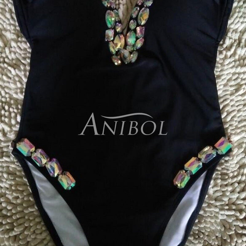 Luxury Diamond One Piece Swimsuit Low Cut Sexy Rhinestone Women Swimwear Straps Deep V-neck Crystal Bathing Suit