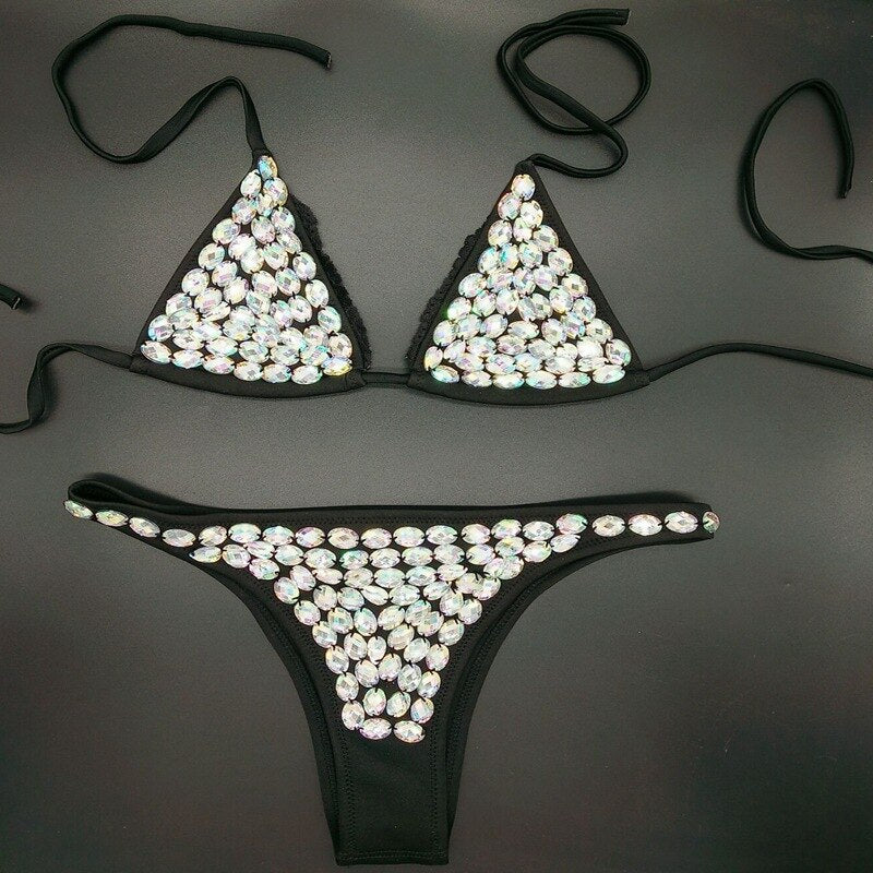 Luxury Diamond Triangle Bikini Hand Sewing Crystal Rhinestone Women's Swimwear Halter Push Up Female Swimsuit