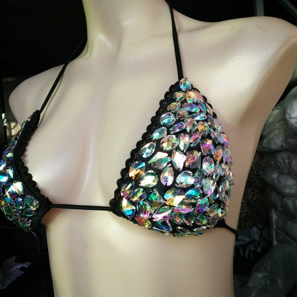 Luxury Diamond Triangle Bikini Hand Sewing Crystal Rhinestone Women's Swimwear Halter Push Up Female Swimsuit