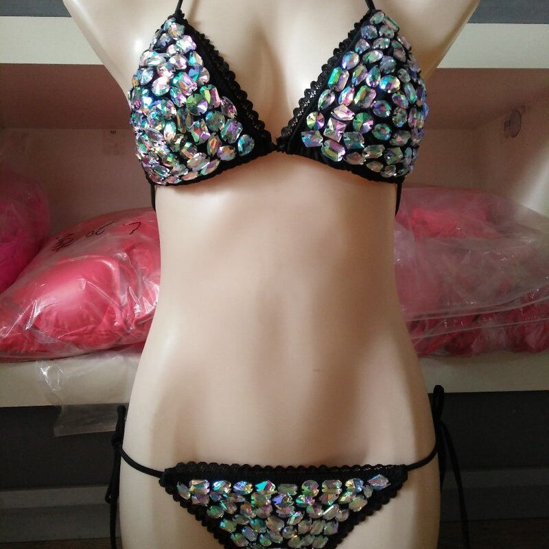 Luxury Diamond Triangle Bikini Hand Sewing Crystal Rhinestone Women's Swimwear Halter Push Up Female Swimsuit Black