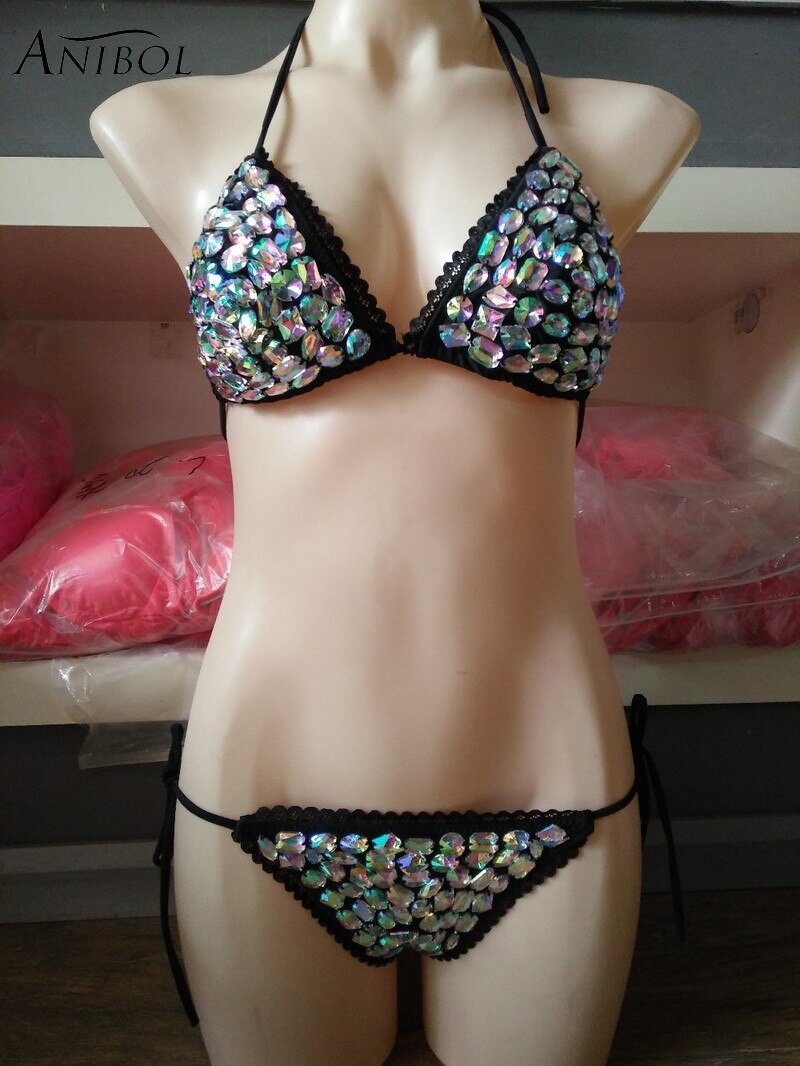 Luxury Diamond Triangle Bikini Hand Sewing Crystal Rhinestone Women's Swimwear Halter Push Up Female Swimsuit Black