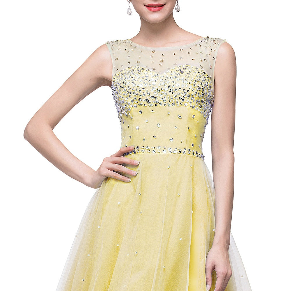 Luxury Elegant Short Homecoming Dresses Vestidos De Fiesta Crystal Formal Party Gowns Vestido De Formatura Narcissus Yellow