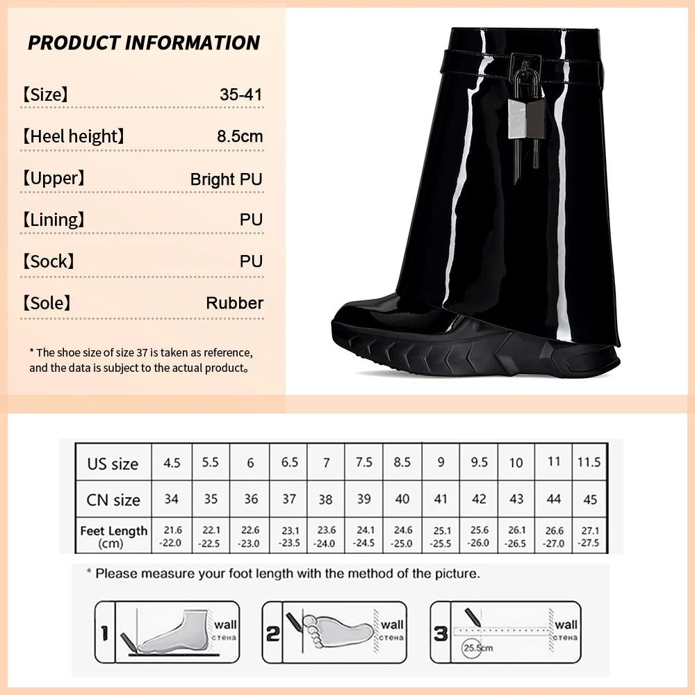Luxury Fashion Women's Autumn Winter Mid-Calf Boots Shark Lock Platform Round Toe Boots Wedge Heels Vintage Shoes Bright PU