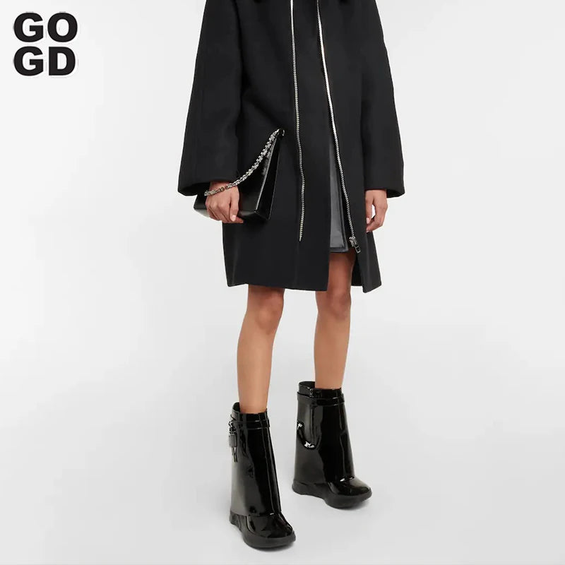 Luxury Fashion Women's Autumn Winter Mid-Calf Boots Shark Lock Platform Round Toe Boots Wedge Heels Vintage Shoes