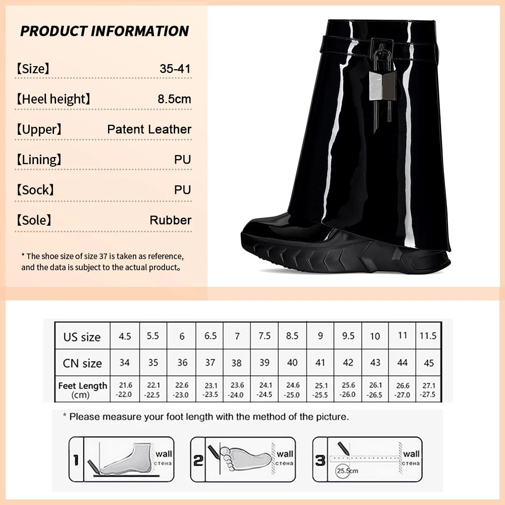 Luxury Fashion Women's Autumn Winter Mid-Calf Boots Shark Lock Platform Round Toe Boots Wedge Heels Vintage Shoes Black Patent Leather