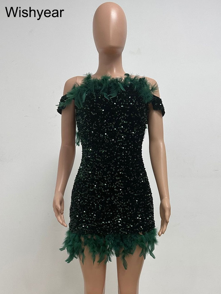 Luxury Feather Evening Mini Prom Sexy Off Shoulder Club Short Bodycon Dress Women Elegant Shiny Sequins Party Vestidos