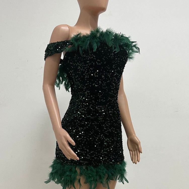 Luxury Feather Evening Mini Prom Sexy Off Shoulder Club Short Bodycon Dress Women Elegant Shiny Sequins Party Vestidos