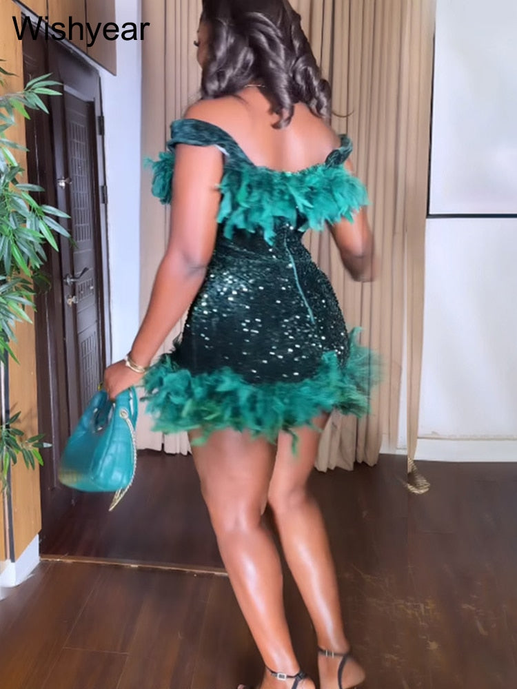 Luxury Feather Evening Mini Prom Sexy Off Shoulder Club Short Bodycon Dress Women Elegant Shiny Sequins Party Vestidos