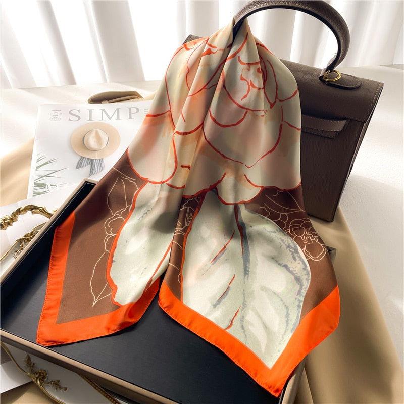 Luxury Print Satin Silk Square Scarf for Women Shawl Hijab Neckerchief Female Hair Ribbon Headband Fashion Wrap Bandana 2024 New FJ639-6