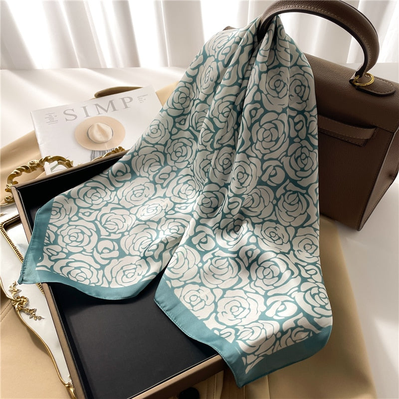 Luxury Print Satin Silk Square Scarf for Women Shawl Hijab Neckerchief Female Hair Ribbon Headband Fashion Wrap Bandana 2024 New FJ627-5