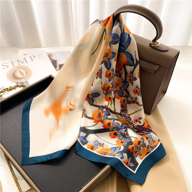 Luxury Print Satin Silk Square Scarf for Women Shawl Hijab Neckerchief Female Hair Ribbon Headband Fashion Wrap Bandana 2024 New FJ660-1