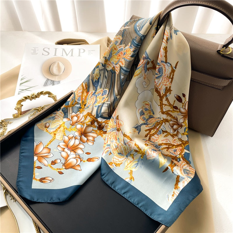 Luxury Print Satin Silk Square Scarf for Women Shawl Hijab Neckerchief Female Hair Ribbon Headband Fashion Wrap Bandana 2024 New FJ670-2