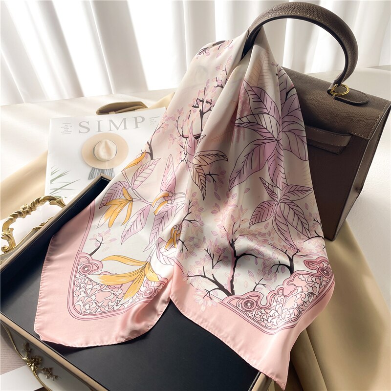 Luxury Print Satin Silk Square Scarf for Women Shawl Hijab Neckerchief Female Hair Ribbon Headband Fashion Wrap Bandana 2024 New FJ436-4