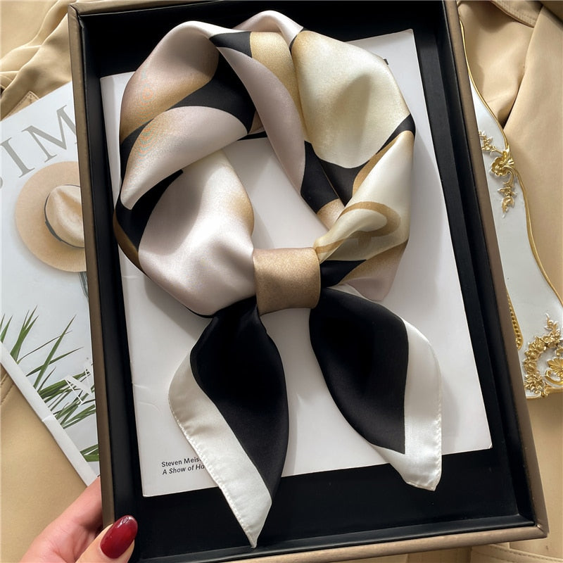 Luxury Print Satin Silk Square Scarf for Women Shawl Hijab Neckerchief Female Hair Ribbon Headband Fashion Wrap Bandana 2024 New FJ677-1