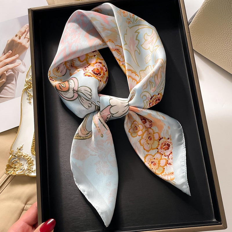 Luxury Print Satin Silk Square Scarf for Women Shawl Hijab Neckerchief Female Hair Ribbon Headband Fashion Wrap Bandana 2024 New FJ725-1