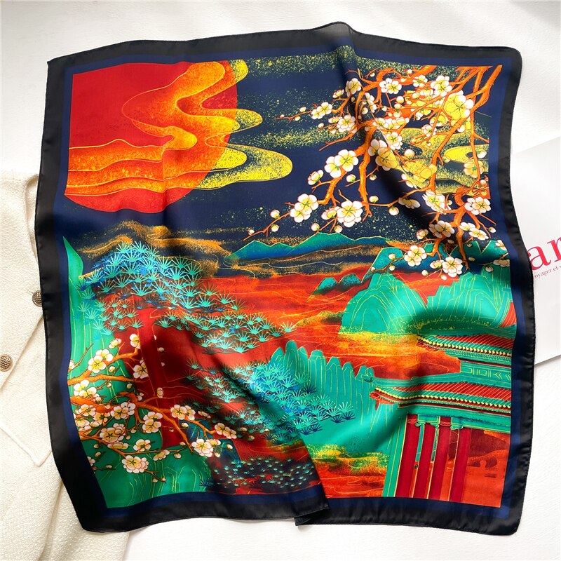 Luxury Print Satin Silk Square Scarf for Women Shawl Hijab Neckerchief Female Hair Ribbon Headband Fashion Wrap Bandana 2024 New FJ660-2