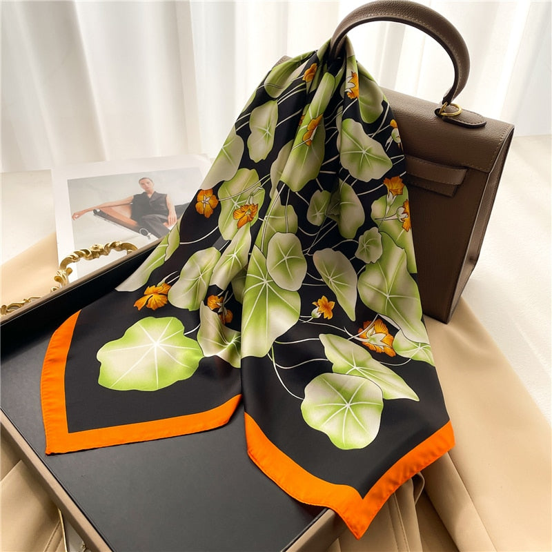 Luxury Print Satin Silk Square Scarf for Women Shawl Hijab Neckerchief Female Hair Ribbon Headband Fashion Wrap Bandana 2024 New FJ661-3