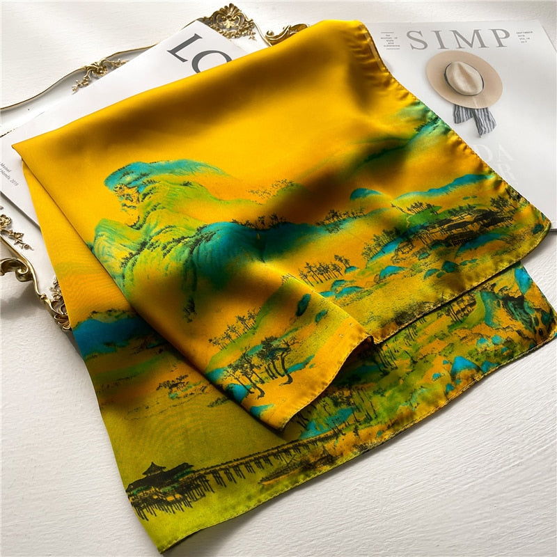 Luxury Print Satin Silk Square Scarf for Women Shawl Hijab Neckerchief Female Hair Ribbon Headband Fashion Wrap Bandana 2024 New FJ666-1