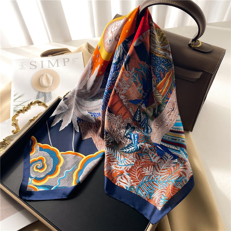 Luxury Print Satin Silk Square Scarf for Women Shawl Hijab Neckerchief Female Hair Ribbon Headband Fashion Wrap Bandana 2024 New FJ663-1