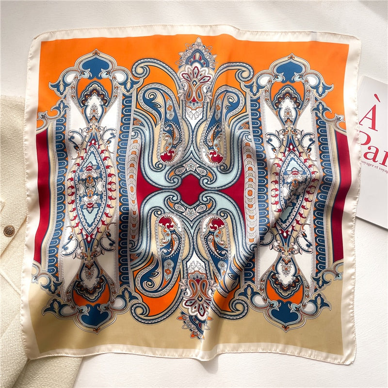 Luxury Print Satin Silk Square Scarf for Women Shawl Hijab Neckerchief Female Hair Ribbon Headband Fashion Wrap Bandana 2024 New FJ644-2