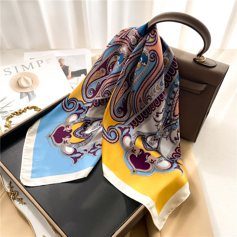 Luxury Print Satin Silk Square Scarf for Women Shawl Hijab Neckerchief Female Hair Ribbon Headband Fashion Wrap Bandana 2024 New FJ644-1