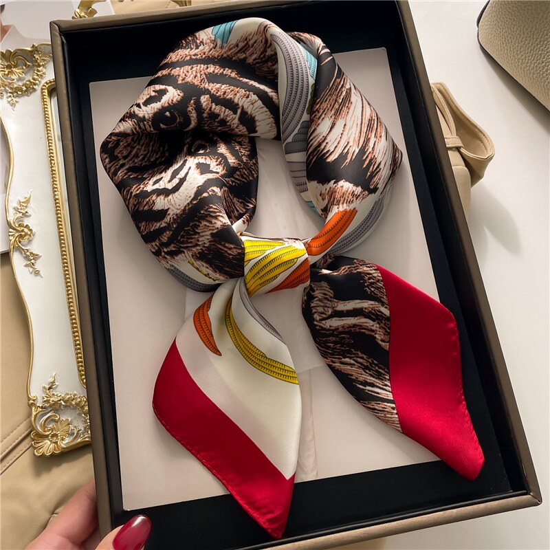Luxury Print Satin Silk Square Scarf for Women Shawl Hijab Neckerchief Female Hair Ribbon Headband Fashion Wrap Bandana 2024 New FJ658-3