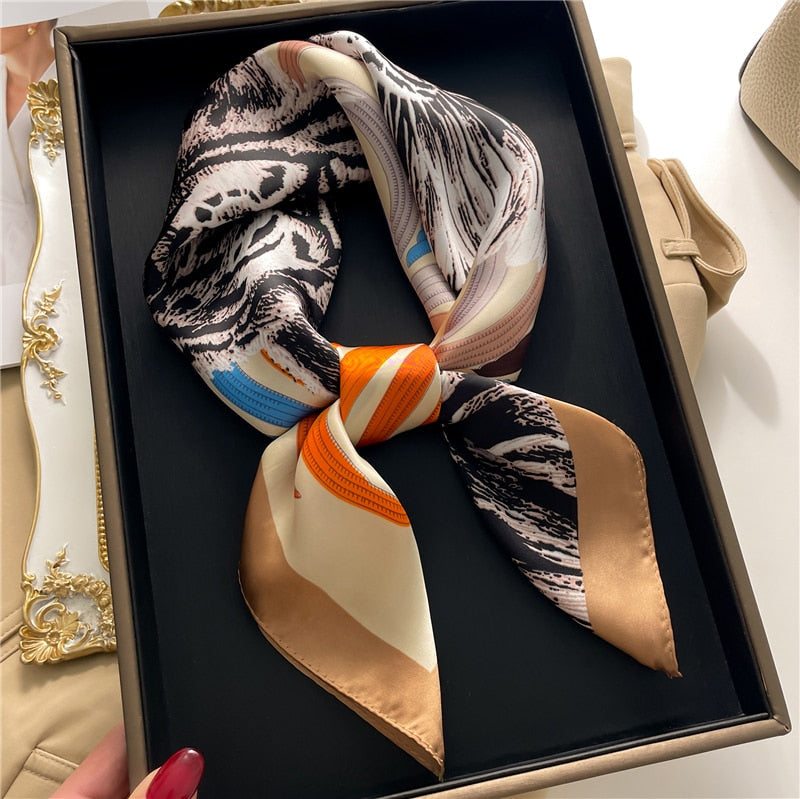 Luxury Print Satin Silk Square Scarf for Women Shawl Hijab Neckerchief Female Hair Ribbon Headband Fashion Wrap Bandana 2024 New FJ658-2