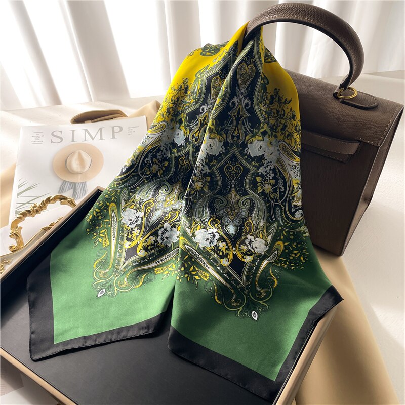 Luxury Print Satin Silk Square Scarf for Women Shawl Hijab Neckerchief Female Hair Ribbon Headband Fashion Wrap Bandana 2024 New