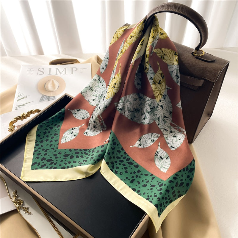 Luxury Print Satin Silk Square Scarf for Women Shawl Hijab Neckerchief Female Hair Ribbon Headband Fashion Wrap Bandana 2024 New FJ668-2