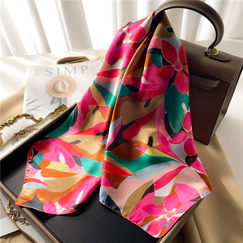 Luxury Print Satin Silk Square Scarf for Women Shawl Hijab Neckerchief Female Hair Ribbon Headband Fashion Wrap Bandana 2024 New