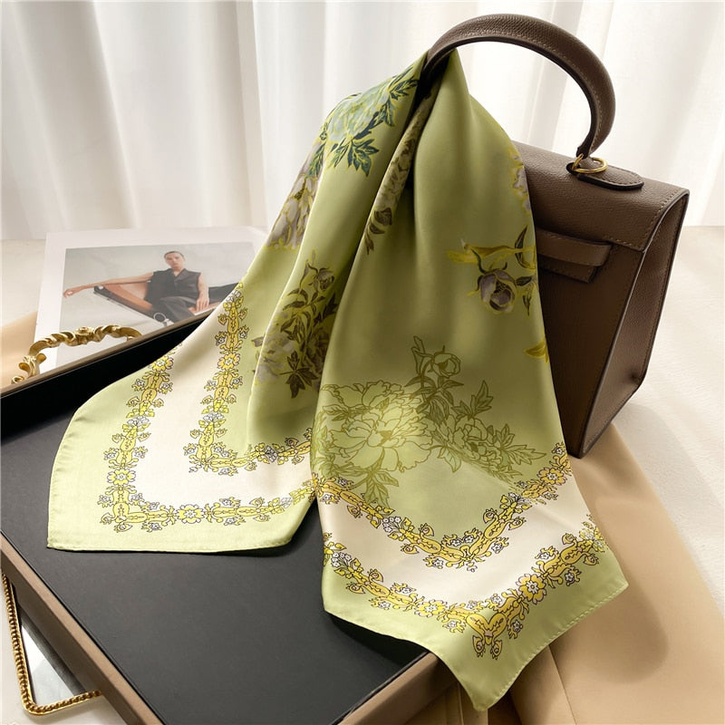 Luxury Print Satin Silk Square Scarf for Women Shawl Hijab Neckerchief Female Hair Ribbon Headband Fashion Wrap Bandana 2024 New FJ665-1