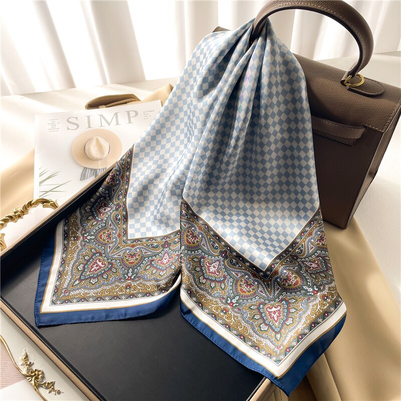 Luxury Print Satin Silk Square Scarf for Women Shawl Hijab Neckerchief Female Hair Ribbon Headband Fashion Wrap Bandana 2024 New FJ650-3