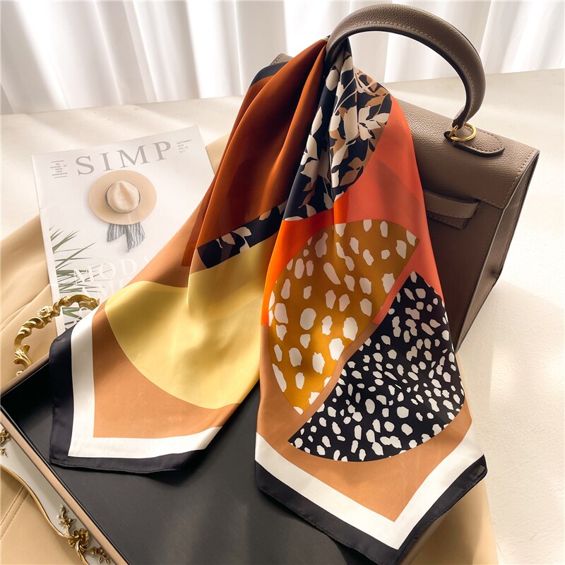 Luxury Print Satin Silk Square Scarf for Women Shawl Hijab Neckerchief Female Hair Ribbon Headband Fashion Wrap Bandana 2024 New FJ675-4