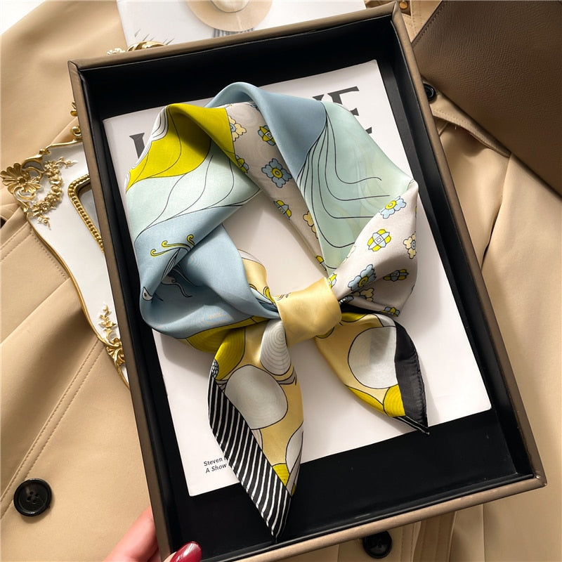 Luxury Print Satin Silk Square Scarf for Women Shawl Hijab Neckerchief Female Hair Ribbon Headband Fashion Wrap Bandana 2024 New FJ243-7