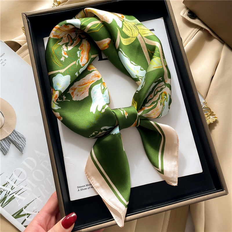 Luxury Print Satin Silk Square Scarf for Women Shawl Hijab Neckerchief Female Hair Ribbon Headband Fashion Wrap Bandana 2024 New FJ682-1