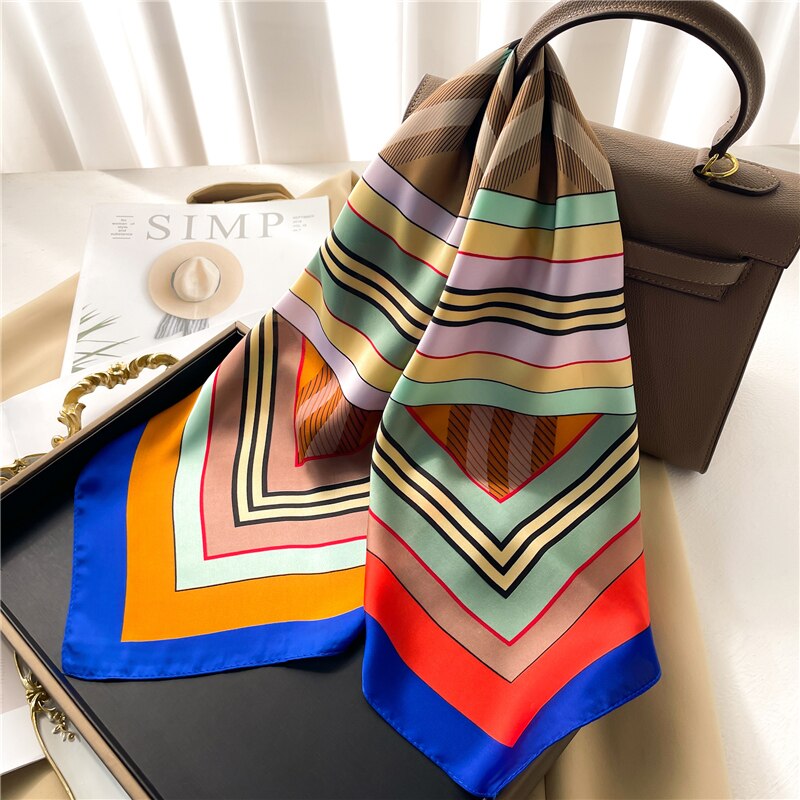 Luxury Print Satin Silk Square Scarf for Women Shawl Hijab Neckerchief Female Hair Ribbon Headband Fashion Wrap Bandana 2024 New FJ671-3