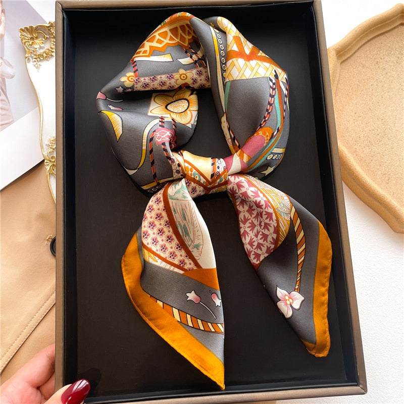 Luxury Print Satin Silk Square Scarf for Women Shawl Hijab Neckerchief Female Hair Ribbon Headband Fashion Wrap Bandana 2024 New FJ735-2