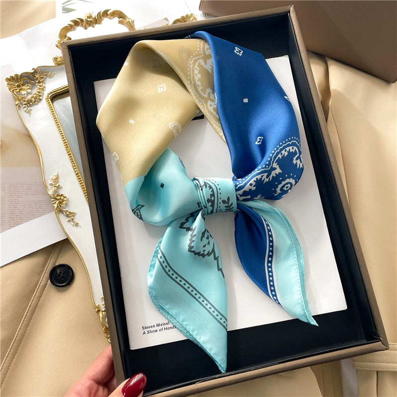 Luxury Print Satin Silk Square Scarf for Women Shawl Hijab Neckerchief Female Hair Ribbon Headband Fashion Wrap Bandana 2024 New FJ669-1