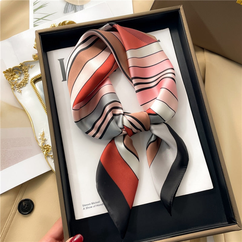 Luxury Print Satin Silk Square Scarf for Women Shawl Hijab Neckerchief Female Hair Ribbon Headband Fashion Wrap Bandana 2024 New FJ671-2