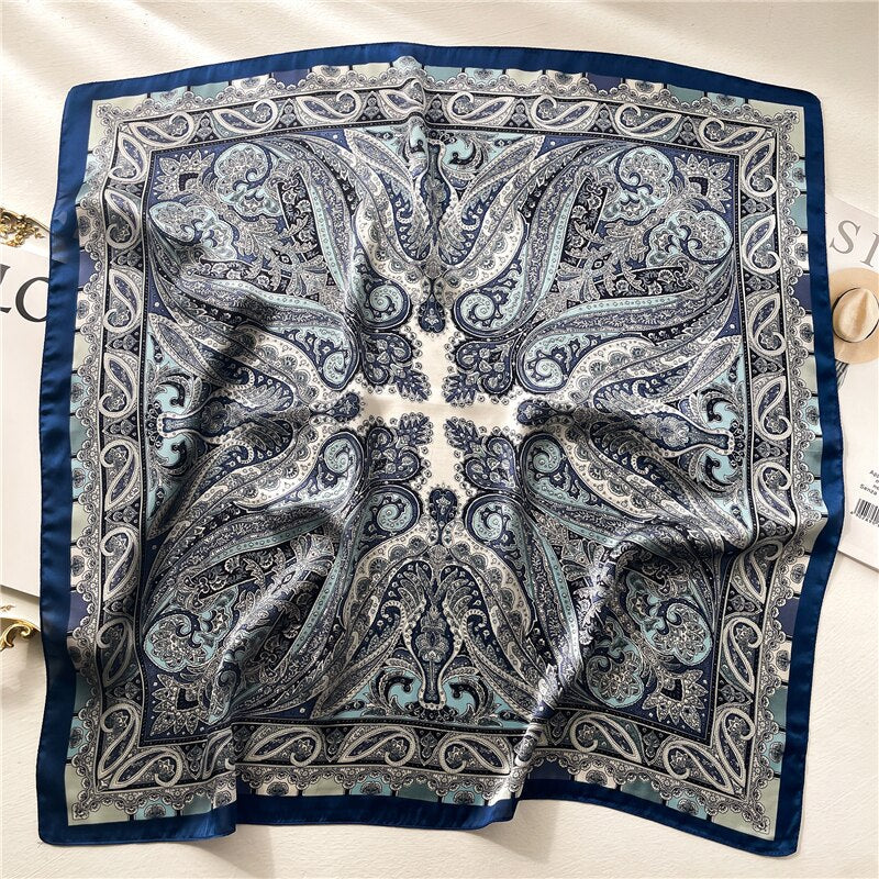 Luxury Print Satin Silk Square Scarf for Women Shawl Hijab Neckerchief Female Hair Ribbon Headband Fashion Wrap Bandana 2024 New FJ672-3