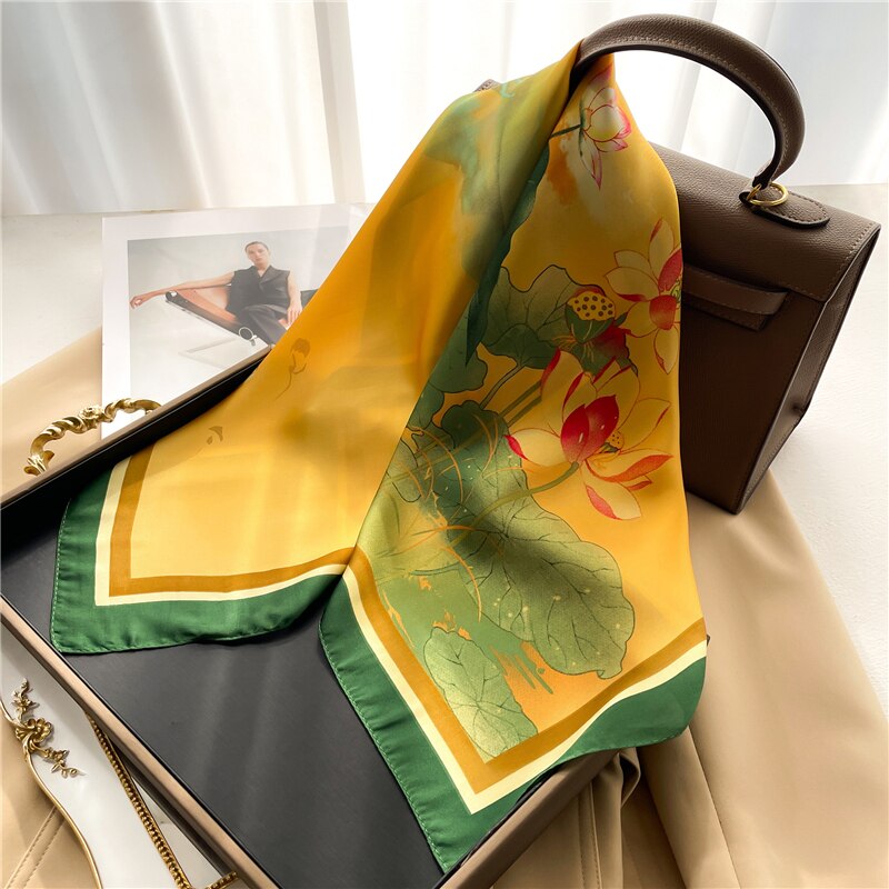 Luxury Print Satin Silk Square Scarf for Women Shawl Hijab Neckerchief Female Hair Ribbon Headband Fashion Wrap Bandana 2024 New FJ661-1