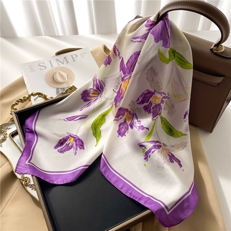 Luxury Print Satin Silk Square Scarf for Women Shawl Hijab Neckerchief Female Hair Ribbon Headband Fashion Wrap Bandana 2024 New
