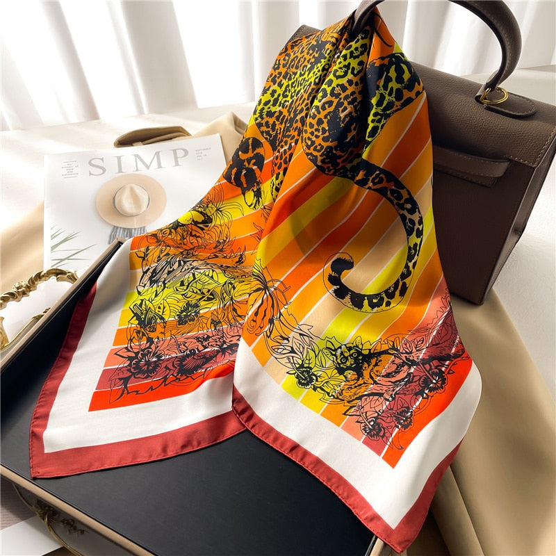 Luxury Print Satin Silk Square Scarf for Women Shawl Hijab Neckerchief Female Hair Ribbon Headband Fashion Wrap Bandana 2024 New FJ645-2