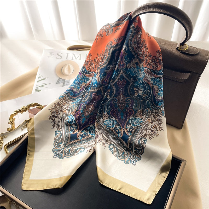 Luxury Print Satin Silk Square Scarf for Women Shawl Hijab Neckerchief Female Hair Ribbon Headband Fashion Wrap Bandana 2024 New FJ664-2