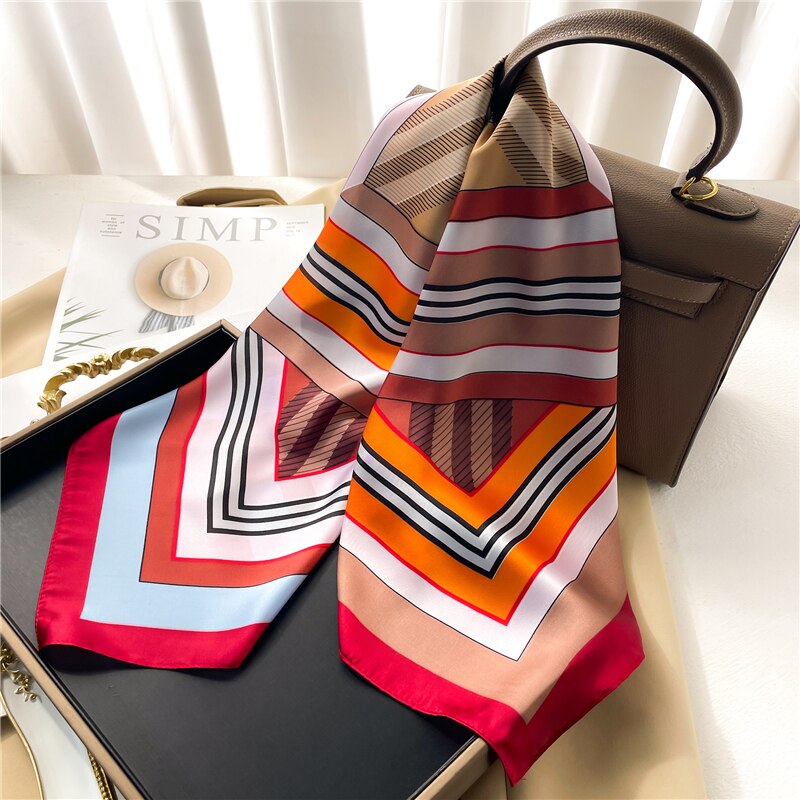 Luxury Print Satin Silk Square Scarf for Women Shawl Hijab Neckerchief Female Hair Ribbon Headband Fashion Wrap Bandana 2024 New FJ671-4