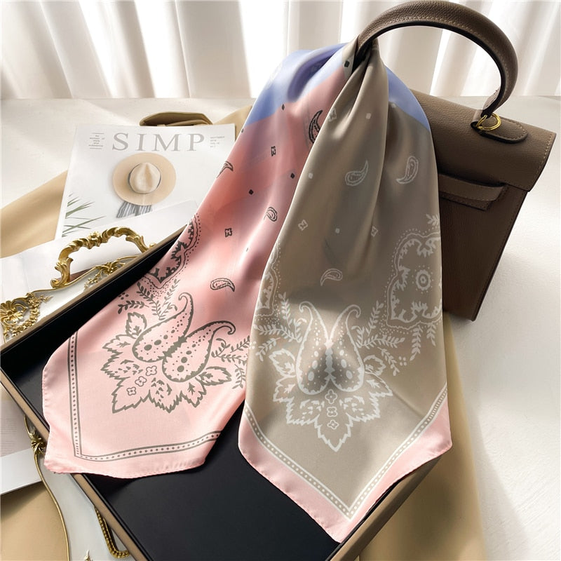 Luxury Print Satin Silk Square Scarf for Women Shawl Hijab Neckerchief Female Hair Ribbon Headband Fashion Wrap Bandana 2024 New FJ669-2