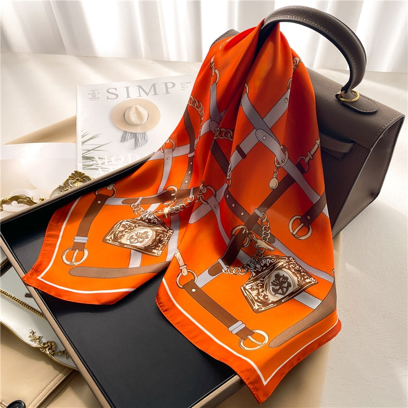 Luxury Print Satin Silk Square Scarf for Women Shawl Hijab Neckerchief Female Hair Ribbon Headband Fashion Wrap Bandana 2024 New FJ676-2